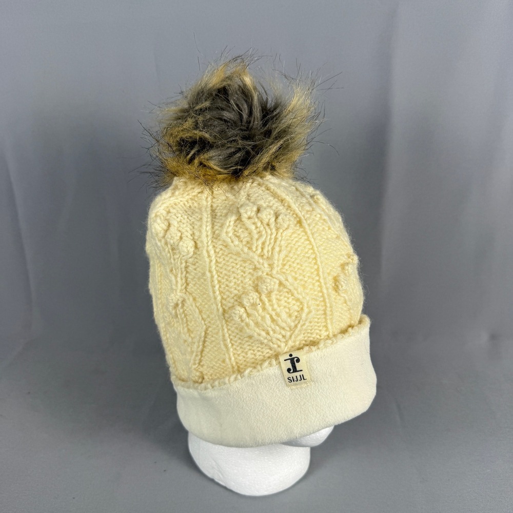 Sijjl Cream Cable Knit Beanie Faux Fur Pom Pom Fleece Lined Winter Hat Ivory